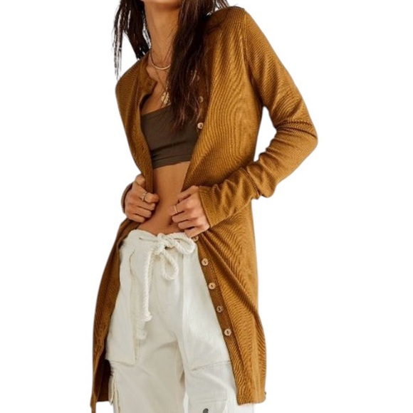 Free People Gia Cardi Warm Tobacco Longline Duster Sweater...